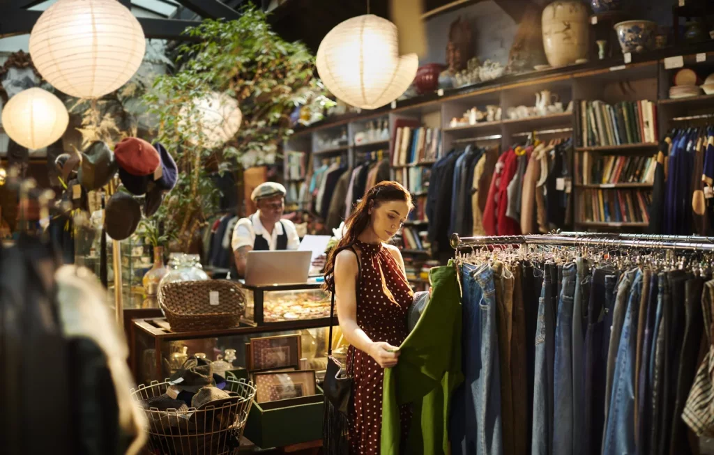 Femme qui fouille dans friperie bohème